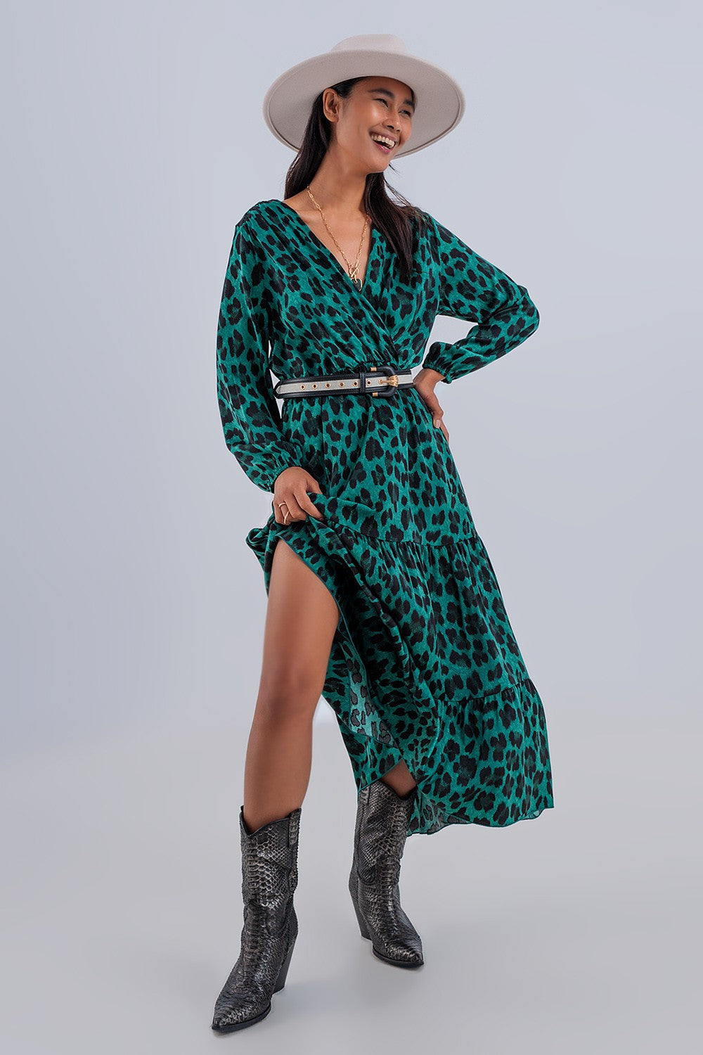 LONG DRESS GREEN ANIMAL PRINT