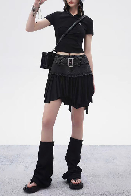 Belted denim black skirt