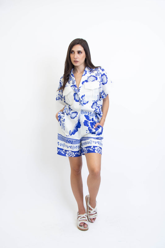 BLOSSOM BLUE AND WHITE SHORT AND BLOUSE SET