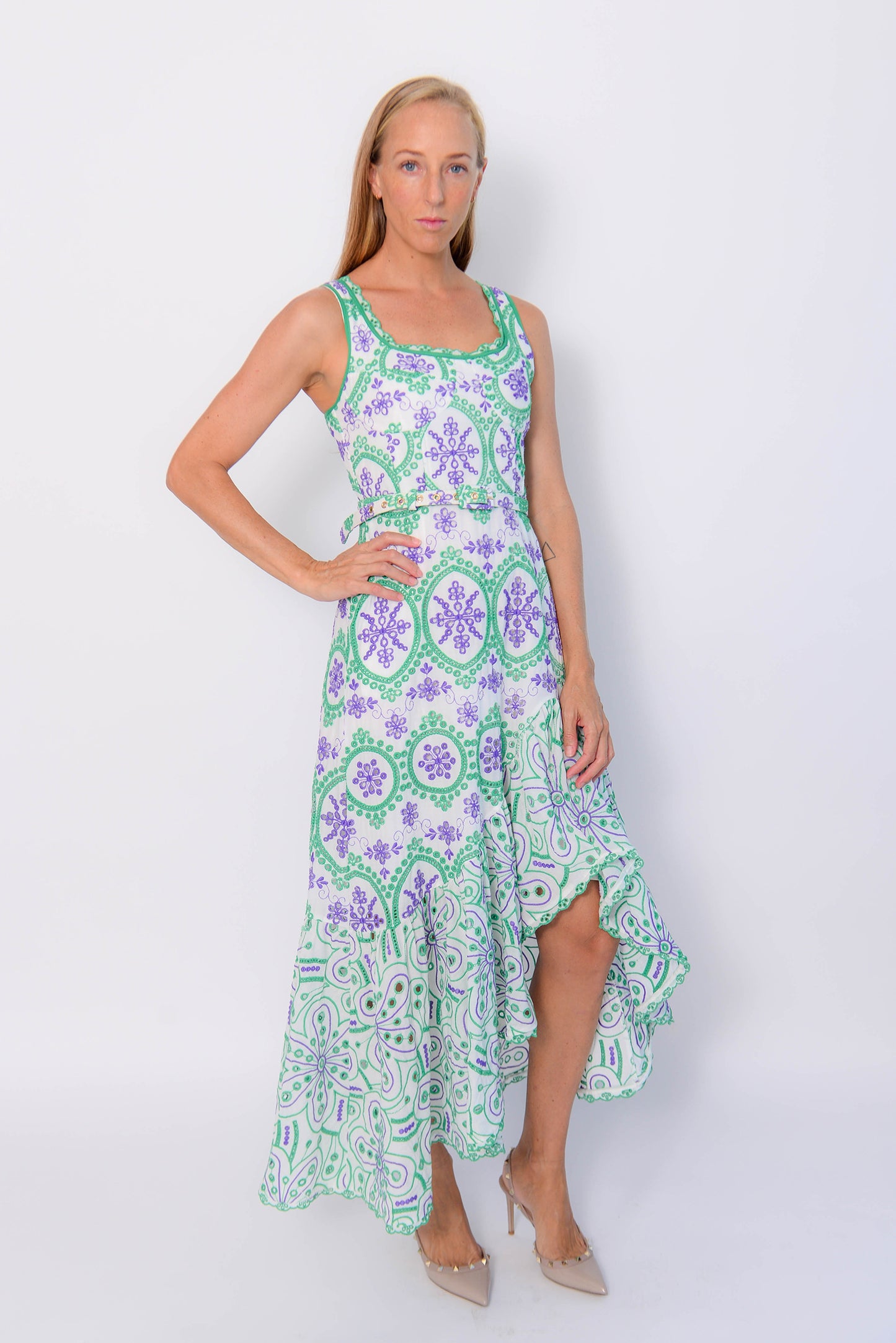 GREEN AND PURPLE TOULOUSE BELTED MULTI DRESS