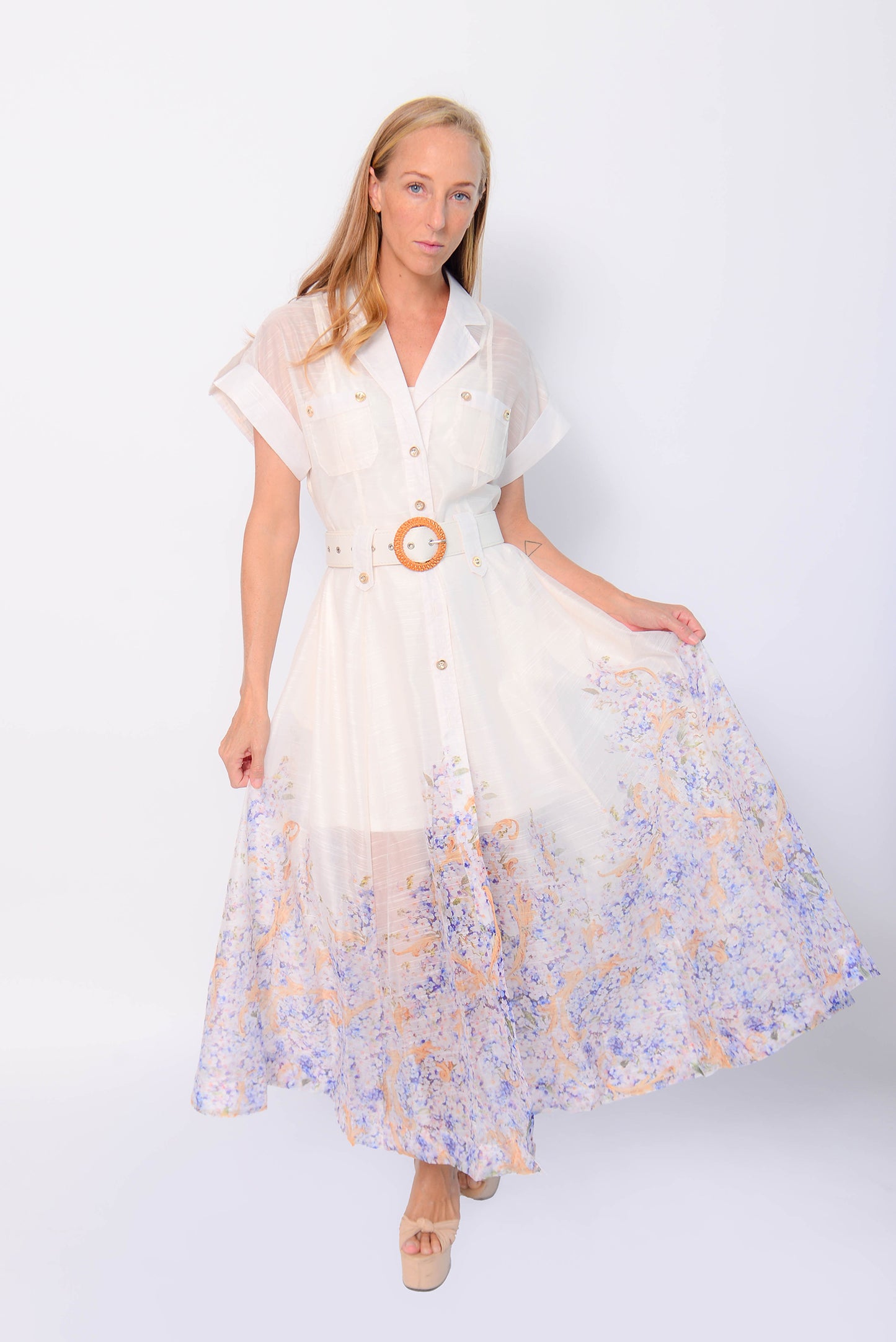 WHITE MULTI FLOWER TOULOUSE BELTED DRESS