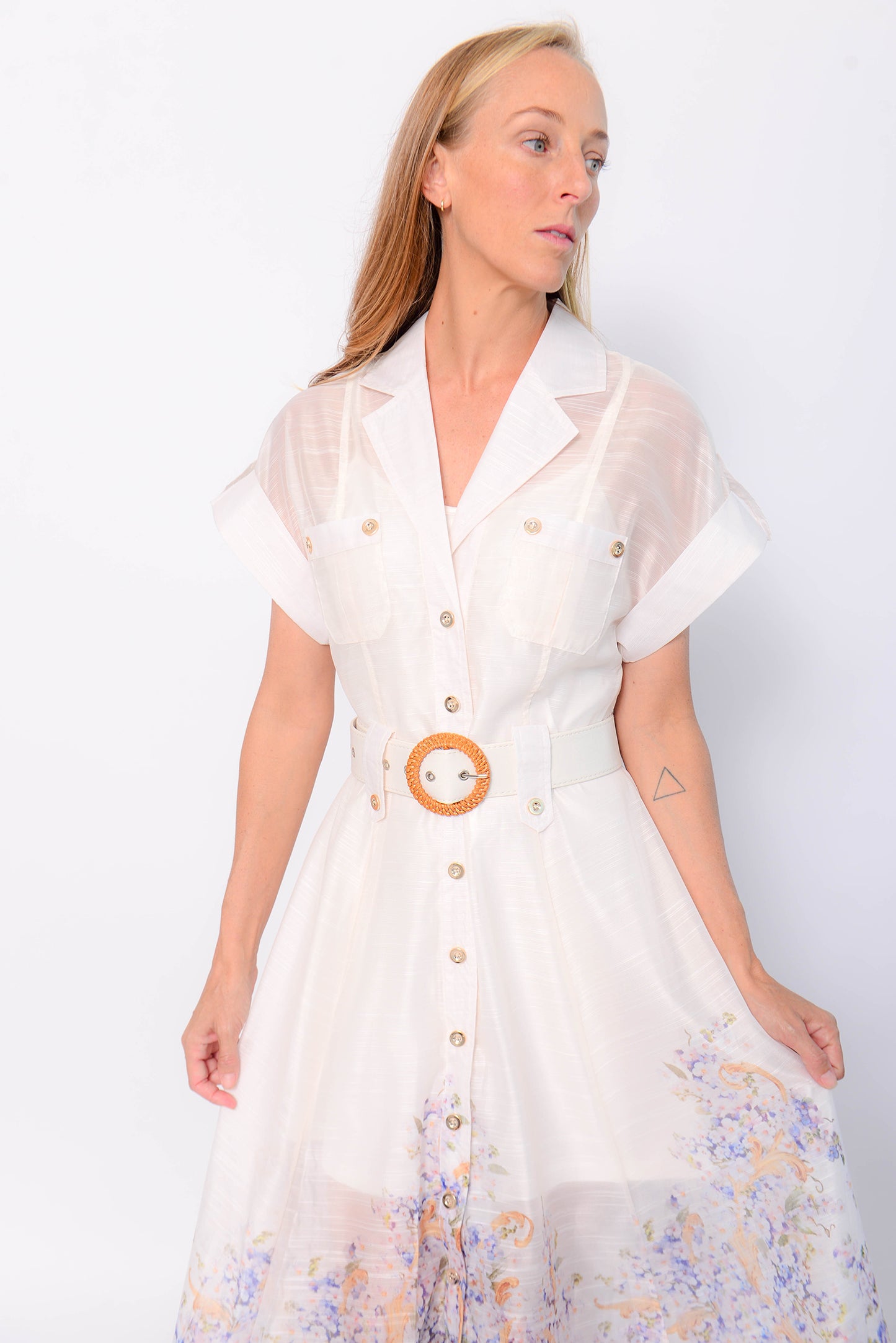 WHITE MULTI FLOWER TOULOUSE BELTED DRESS