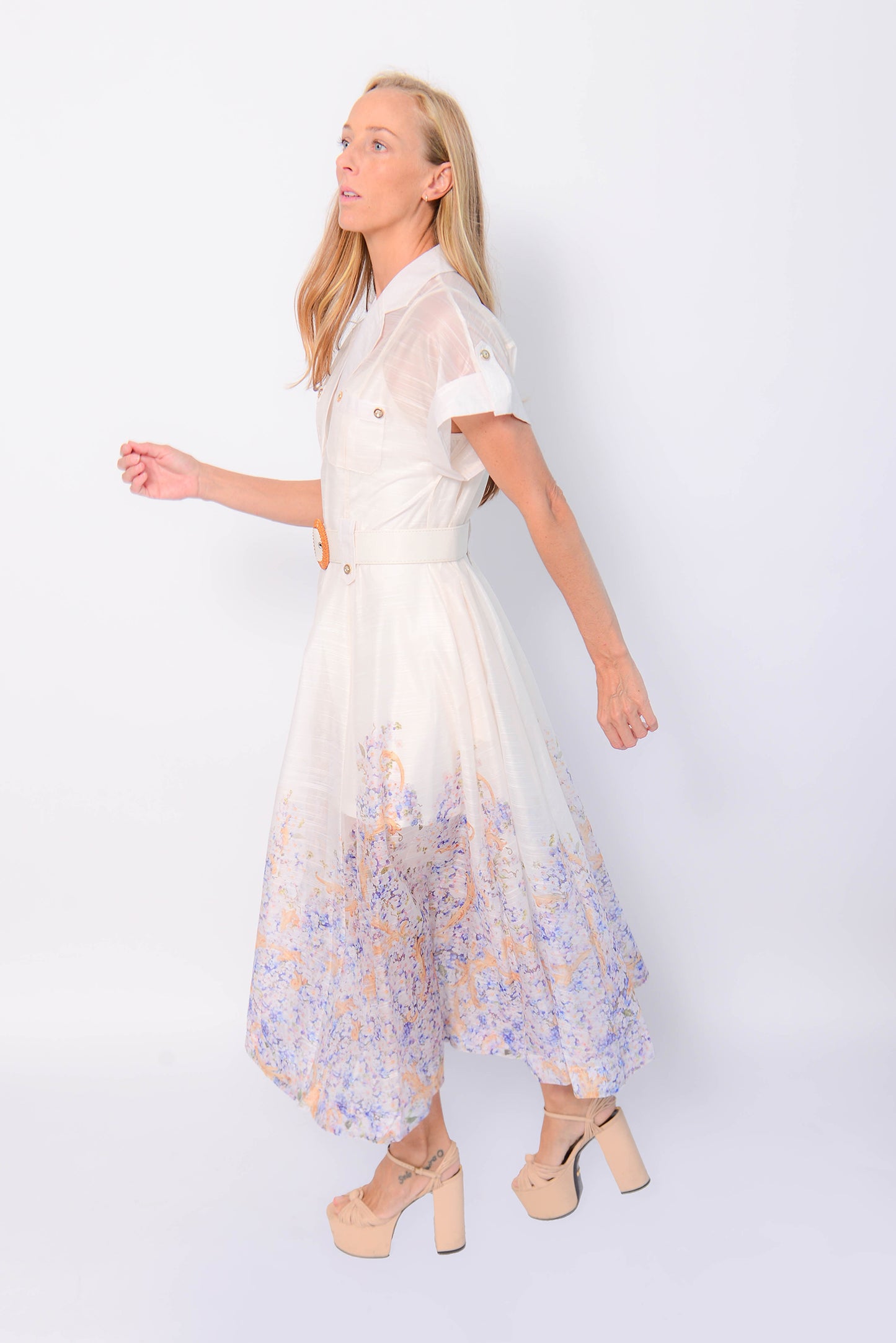 WHITE MULTI FLOWER TOULOUSE BELTED DRESS