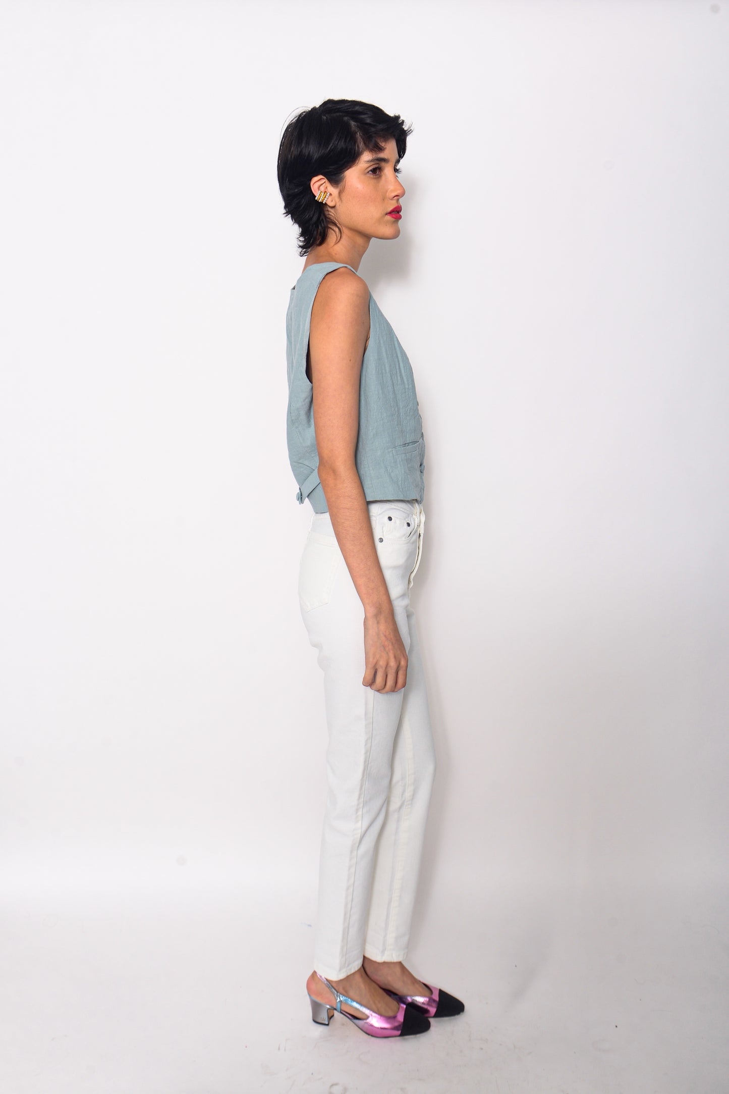 White asymmetrical denim