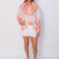 Printed belted matching white blouse and short set