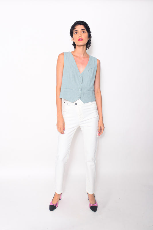 White asymmetrical denim