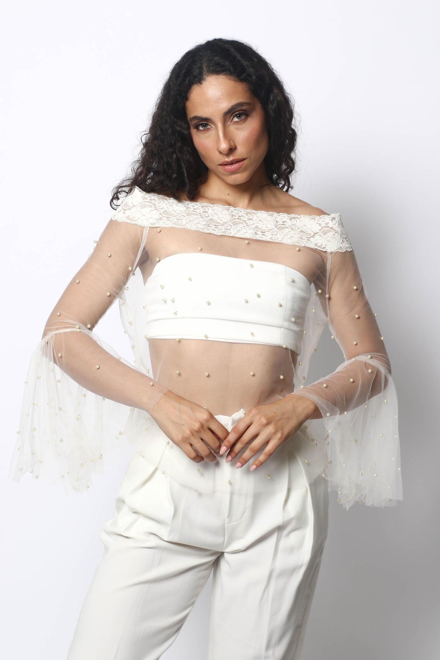 TULLE BLOUSE WITH RANDAS AND PEARLS BY PATRICIA TRUJILLO