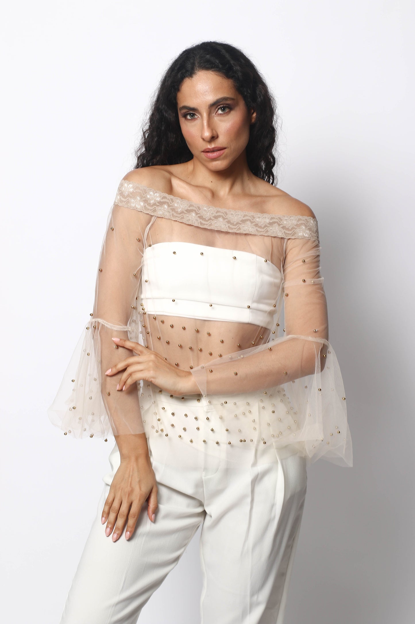 TULLE BLOUSE WITH RANDAS AND PEARLS BY PATRICIA TRUJILLO