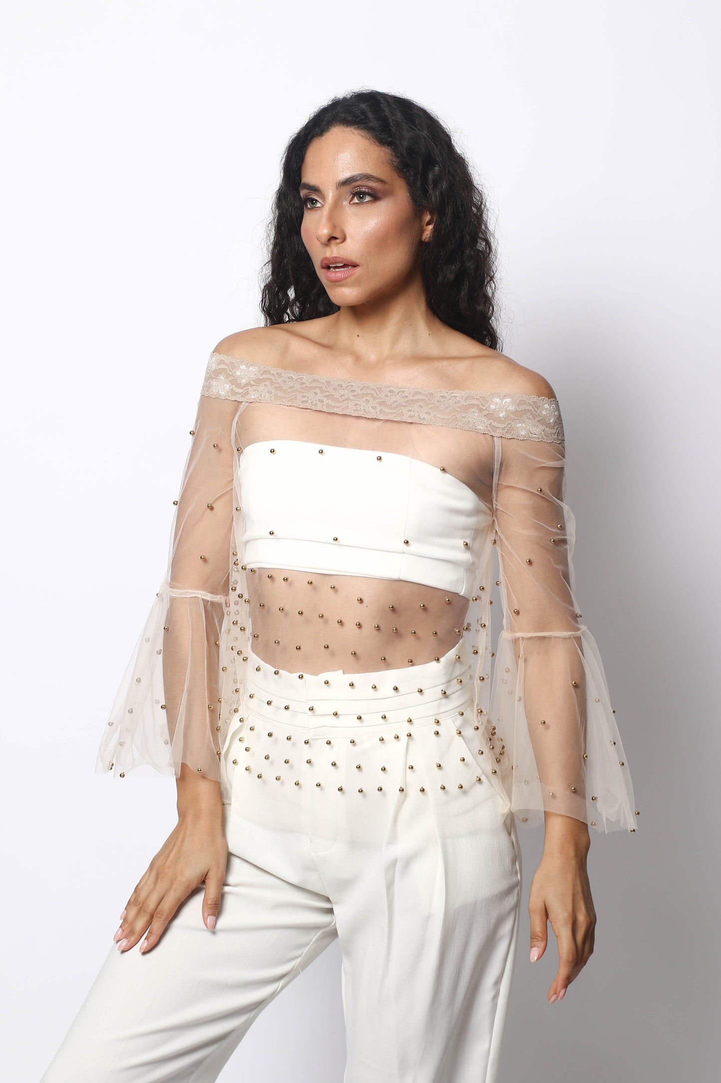 TULLE BLOUSE WITH RANDAS AND PEARLS BY PATRICIA TRUJILLO