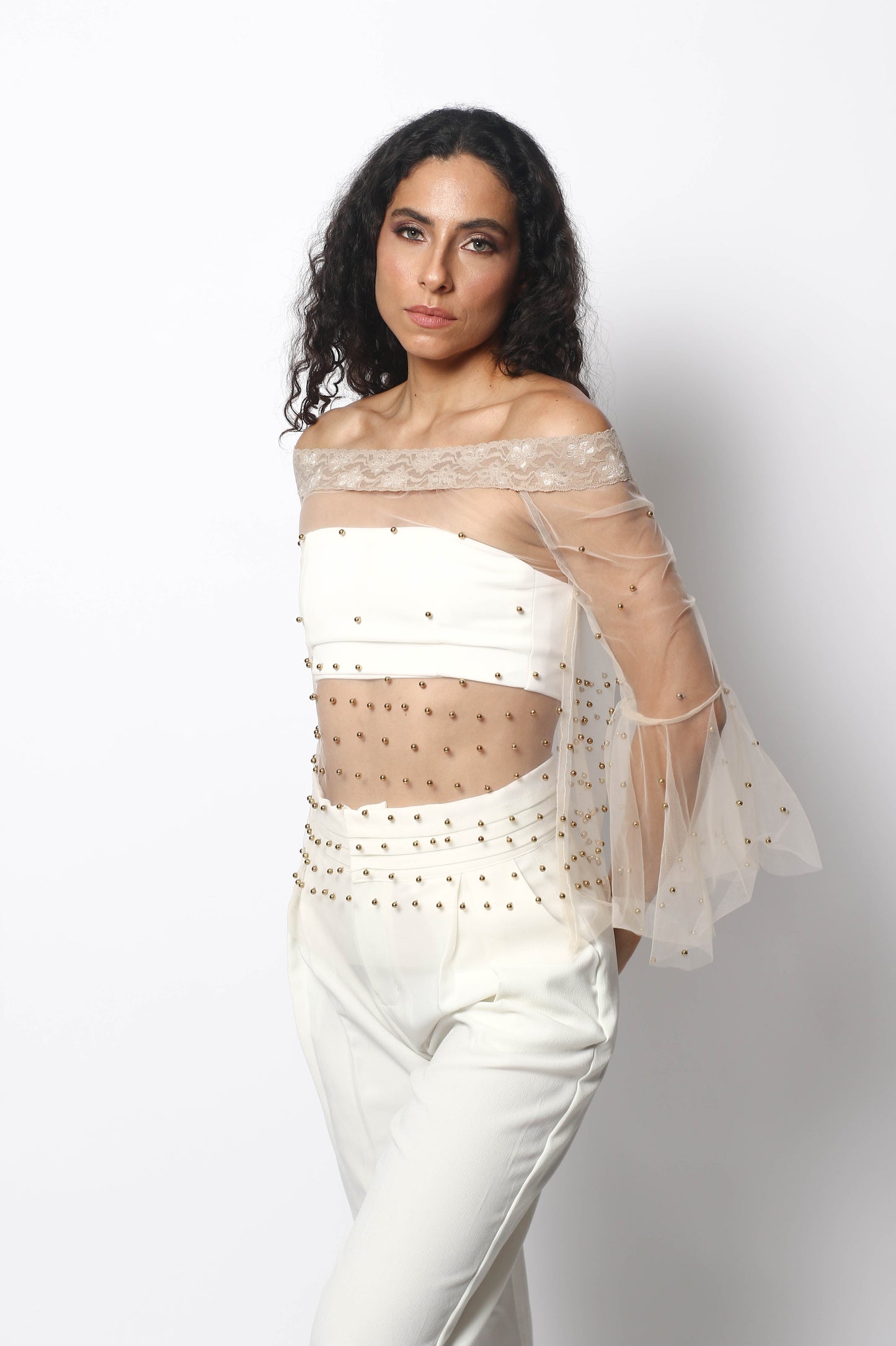 TULLE BLOUSE WITH RANDAS AND PEARLS BY PATRICIA TRUJILLO