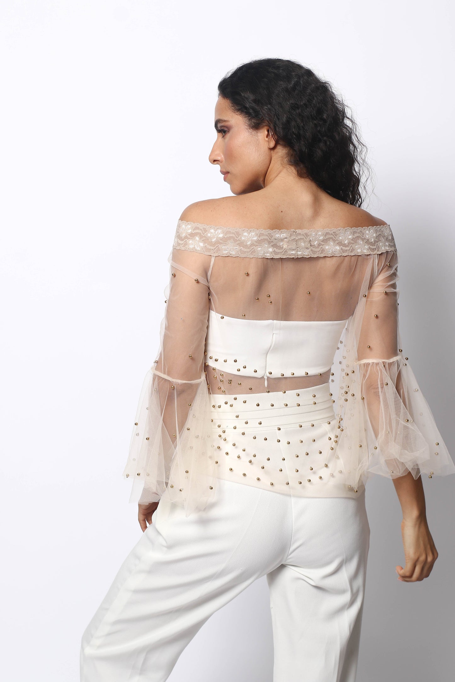 TULLE BLOUSE WITH RANDAS AND PEARLS BY PATRICIA TRUJILLO